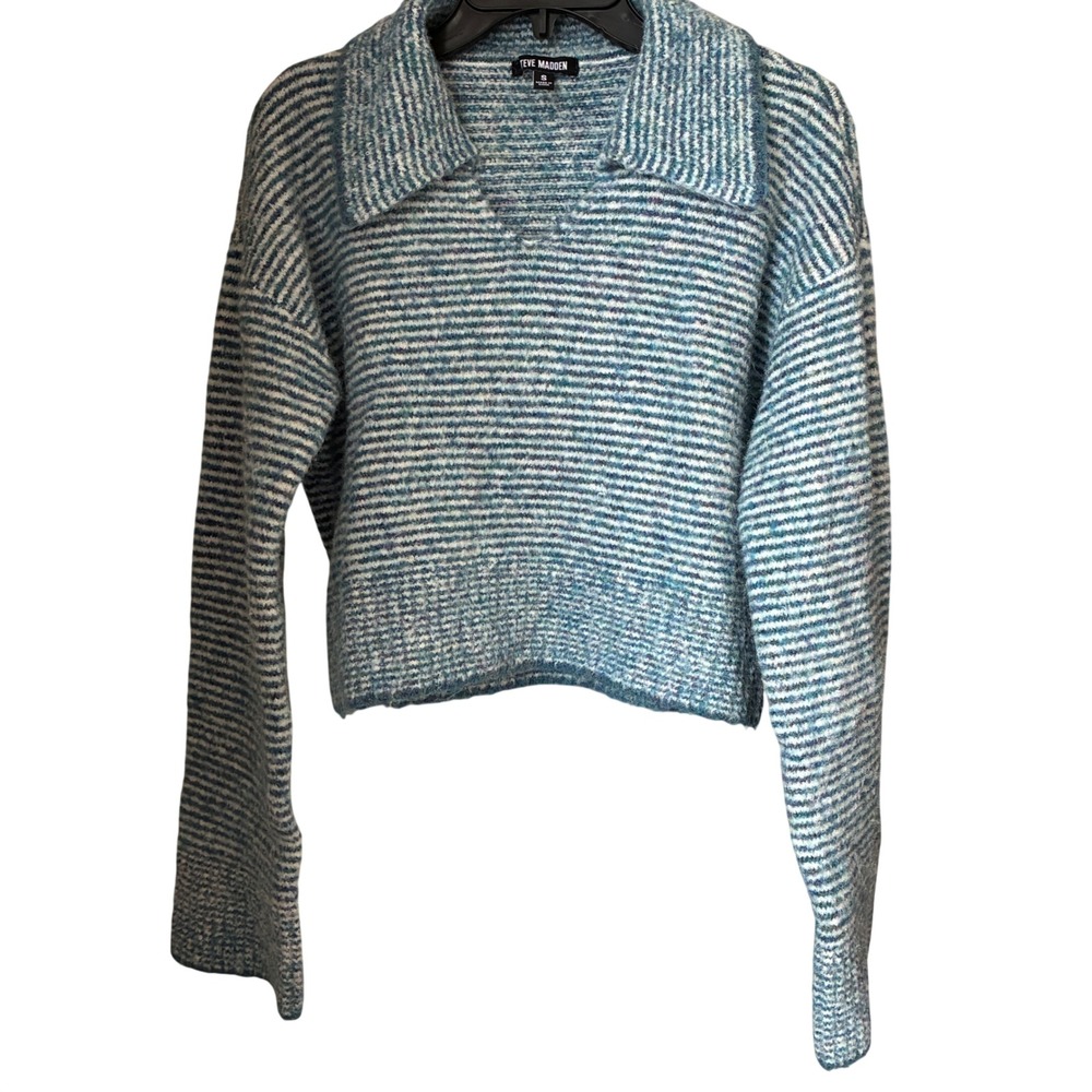 Steve Madden Striped Cropped Polo Sweater Womens Size S Blue Wool Blend
